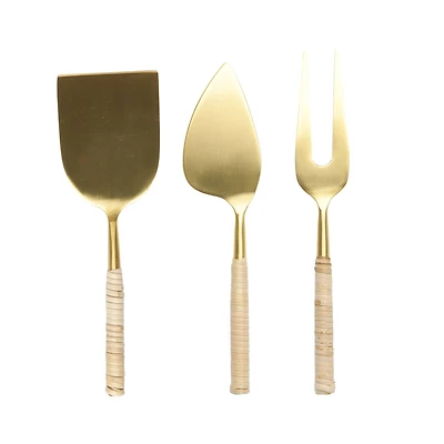 Hello Honey® Gold Stainless Steel Cheese Servers with Woven Rattan Handles Set
