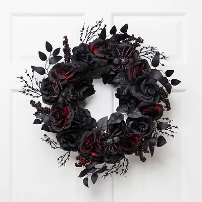 24" Burgundy & Black Roses with Spiders Halloween Wreath
