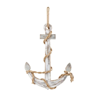Brown wood anchor handmade wall décor with rope and shell accents.