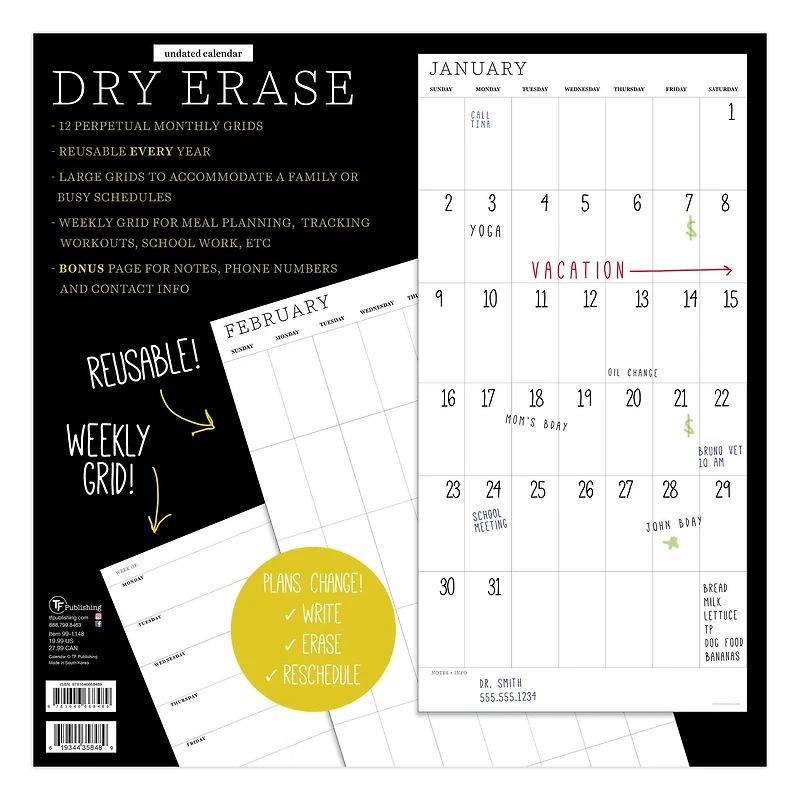 TF Publishing Undated 12" x 12" Dry Erase Vertical Wall Calendar