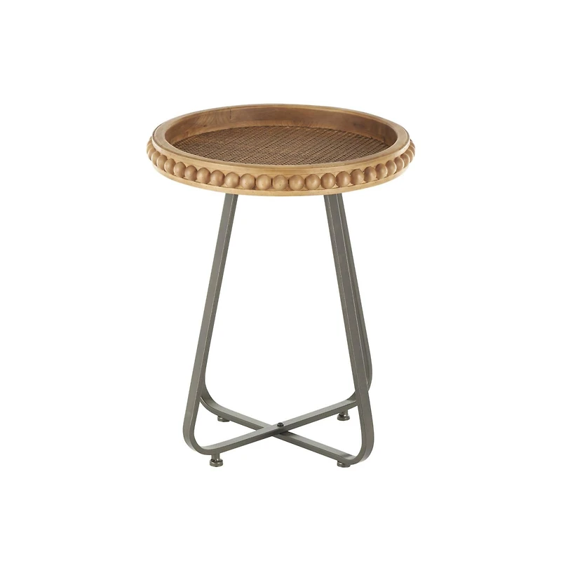 20.5" Brown Wood Beaded Accent Table with Rounded Gray Metal Base & Rattan Accent
