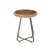 20.5" Brown Wood Beaded Accent Table with Rounded Gray Metal Base & Rattan Accent