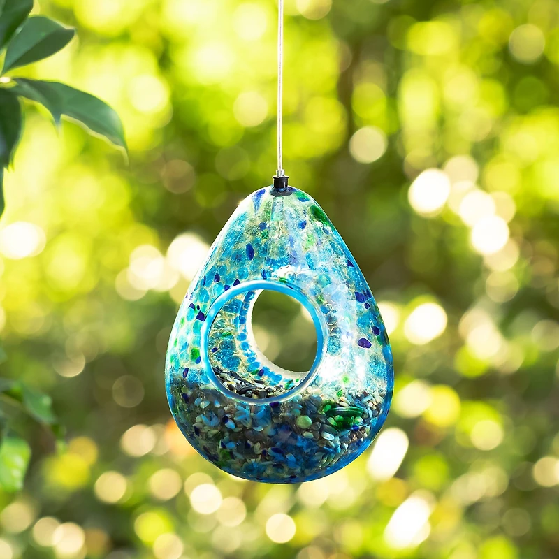 Glitzhome® 6.75" Blue Dots Glass Water Drop Hanging Bird Feeder