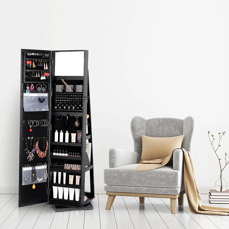 NEX™ Black 360 Degree Rotatable Jewelry Armoire with Free-Standing Mirror