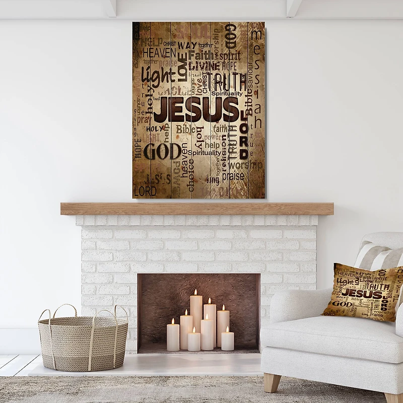 Designart - Jesus' word cloud in grunge background - Religious Contemporary Print on Natural Pine Wood