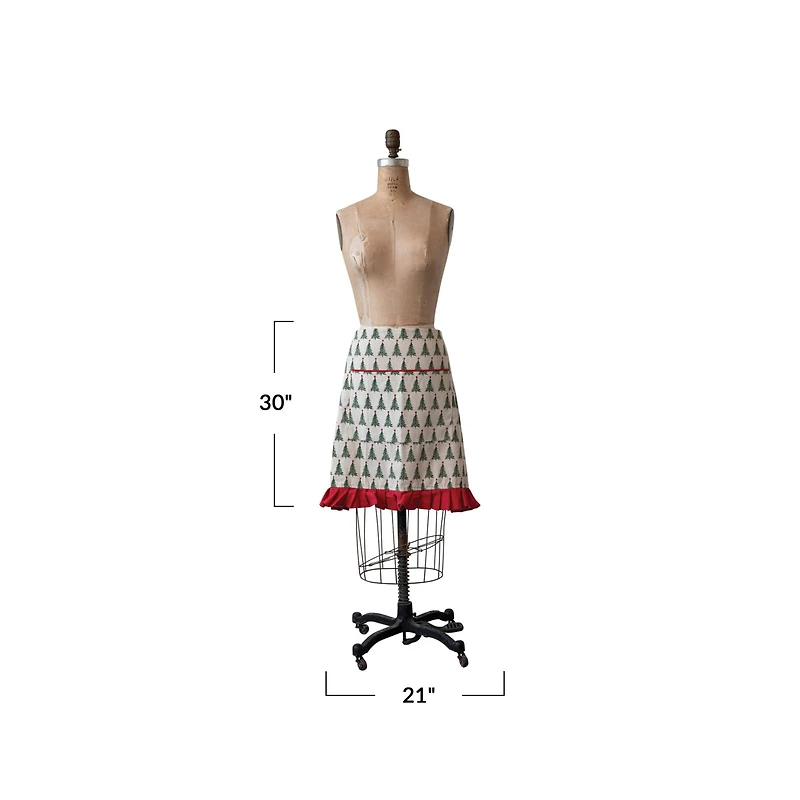 Hello Honey® Natural, Green & Red Cotton Printed Half Apron with Christmas Tree Pattern, Pocket & Ruffle