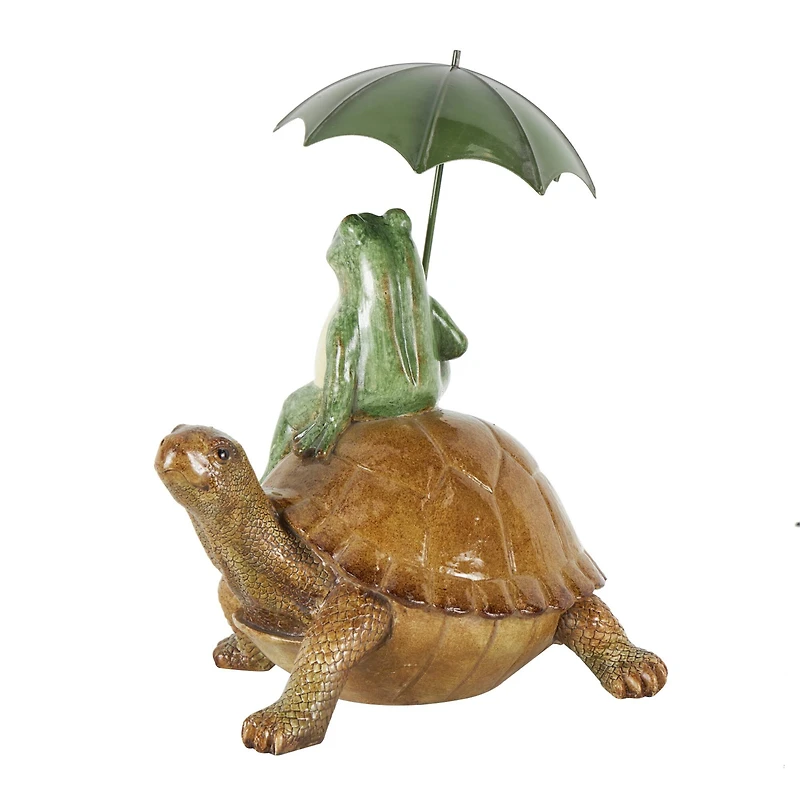 12" Bronze Sitting Frog Sculpture with Umbrella & Brown Walking Turtle