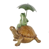 12" Bronze Sitting Frog Sculpture with Umbrella & Brown Walking Turtle