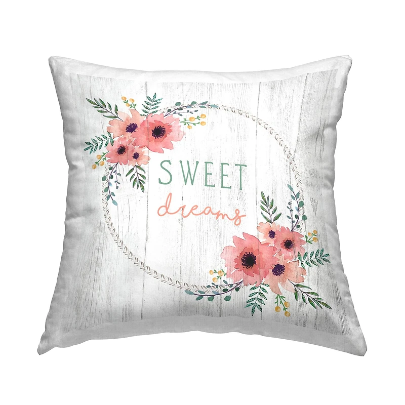Stupell Industries Sweet Dreams Sentiments Blushing Pink Poppy Wreath Throw Pillow 18" x 18"