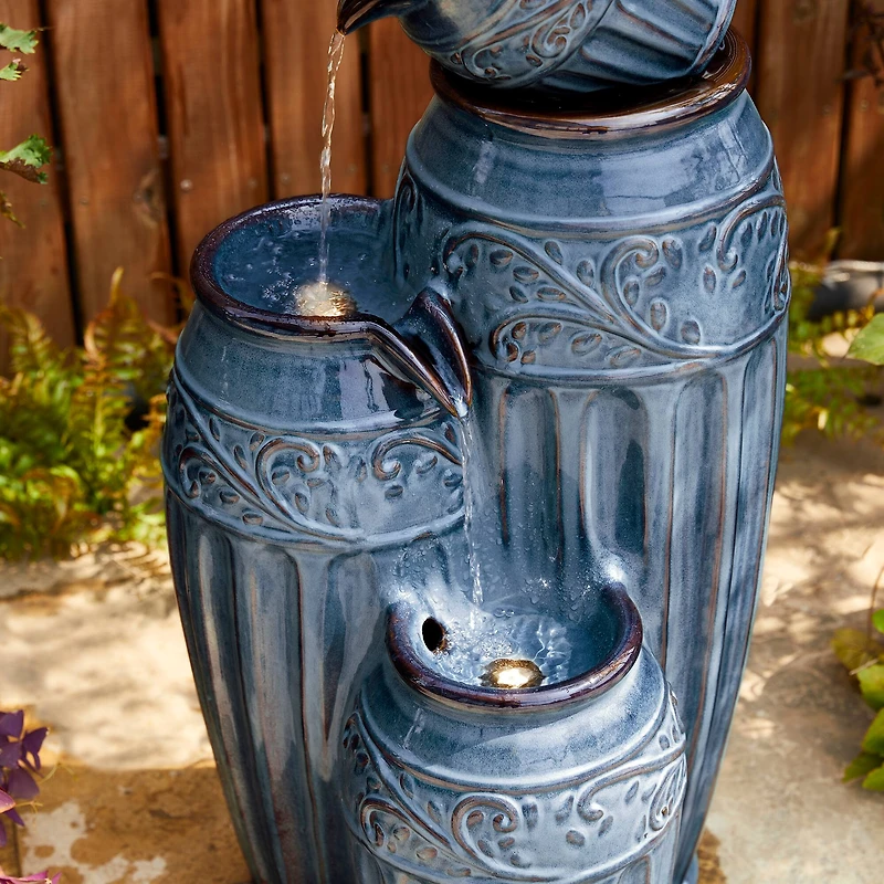Glitzhome® 35.5" 4-Tier LED Turquoise Embossed Ceramic Pots Outdoor Floor Fountain