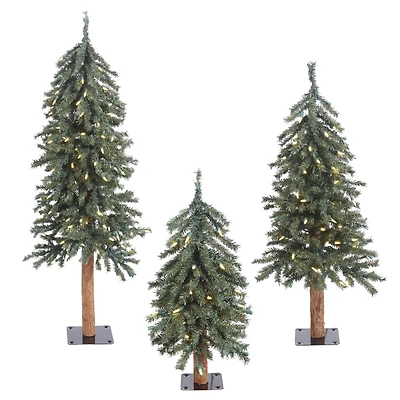 2ft., 3ft. & 4ft. Pre-Lit Natural Bark Alpine Artificial Christmas Tree Set, Clear Dura-Lit® Lights