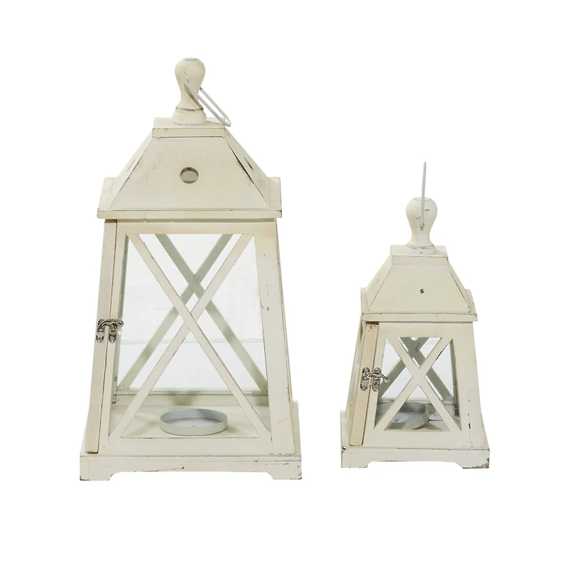 Set of 2" White Wood Coastal Lantern, 19", 12"