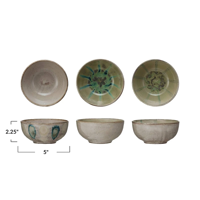 Hello Honey® 5" Green, Tan & Blue Geometric Harmony Stoneware Bowls Set