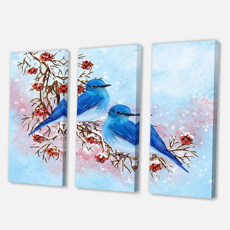 Designart - Two Blue Birds Sitting On A Branch With Berries