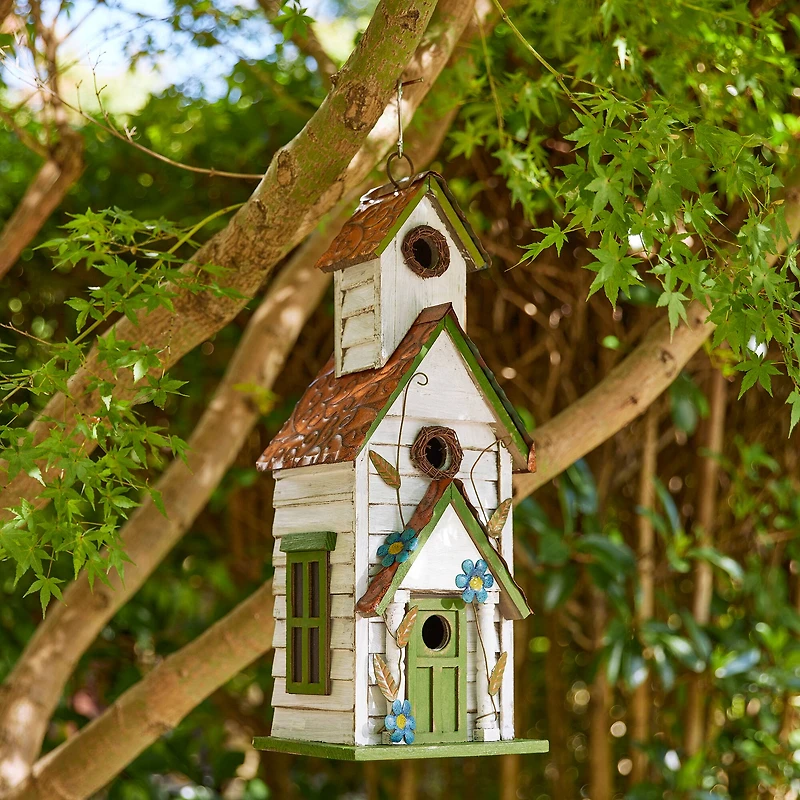 Glitzhome® 20" White & Green Distressed Wood 3-Story Villa Birdhouse