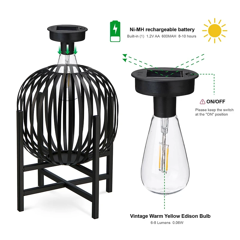 Glitzhome® 11.5" Black Slim Metal Stripes Solar Powered Edison Bulb Outdoor Lantern
