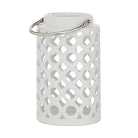 White Ceramic Contemporary Candle Holder Lantern, 11" x 7" x 8"