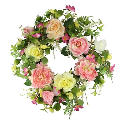 22" Pink & Yellow Rose & Peony Floral Artificial Spring Wreath