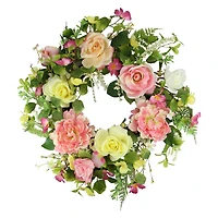 22" Pink & Yellow Rose & Peony Floral Artificial Spring Wreath