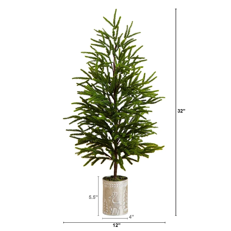 32in. Artificial Real Touch Norfolk Island Pine in Christmas Tin Metal Planter with Natural Look