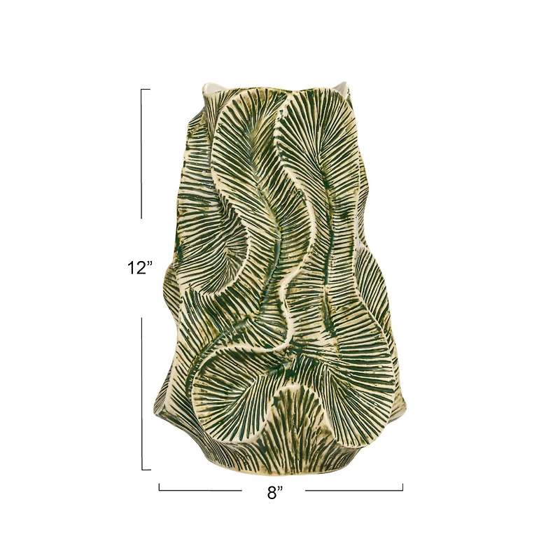 Hello Honey® 12.75" Green Textured Stoneware Organic Shaped Vase with Reactive Glaze