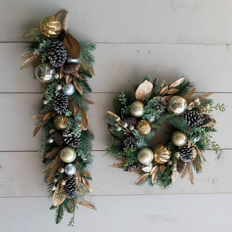 Hello Honey® 2.5ft. Faux Pine Swag with Ornaments, Pinecones & Glitter