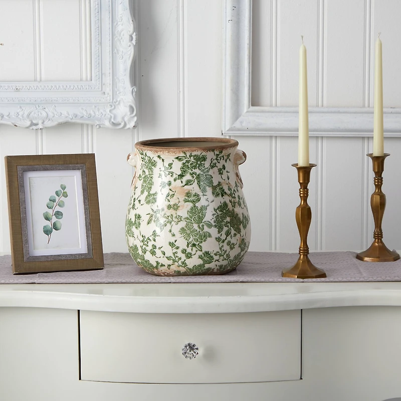 10" Tuscan Ceramic Green Scroll Planter