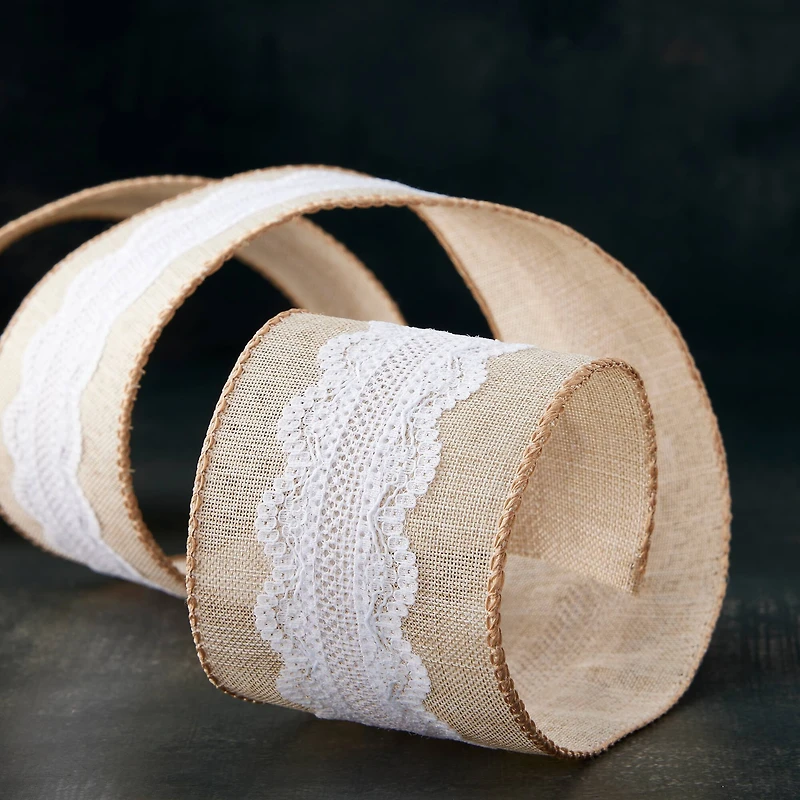 2.5" x 2yd. Faux Linen & Lace Wired Ribbon by Celebrate It™