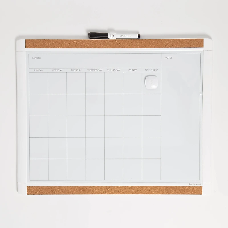 U Brands PINIT White 20" x 16" Magnetic Dry Erase Monthly Calendar Board