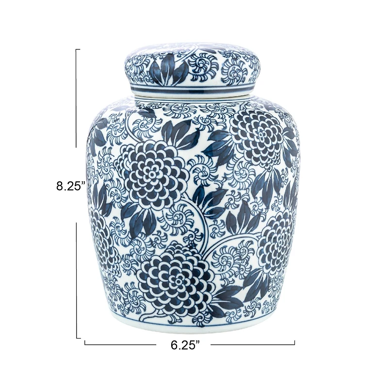 Hello Honey® 8" Blue & White Decorative Chrysanthemum Ceramic Ginger Jar with Lid