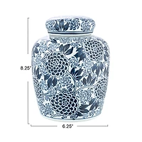 Hello Honey® 8" Blue & White Decorative Chrysanthemum Ceramic Ginger Jar with Lid