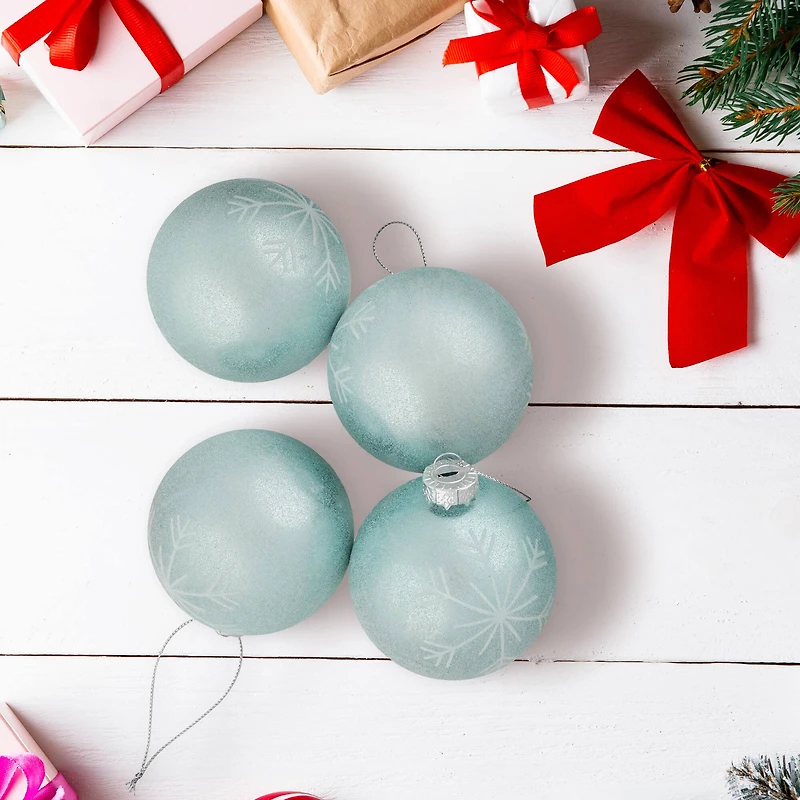 4ct. 3.25" Blue & Silver Snowflake Glass Christmas Ball Ornaments