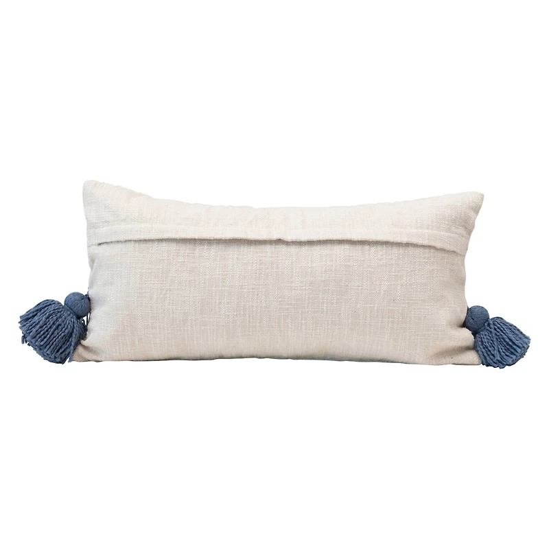 Hello Honey® Cream & Blue Lumbar Pillow with Embroidered Curved Pattern & Tassels