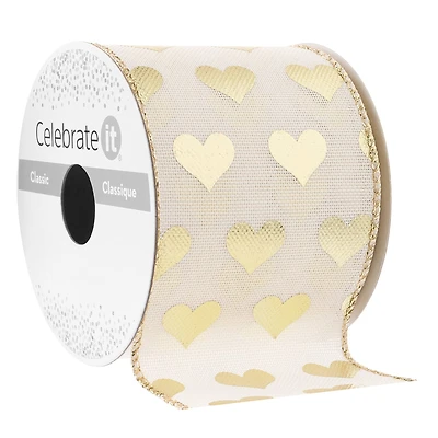 2.5" x 3yd. Gold Heart Wired Edge Ribbon by Celebrate It™