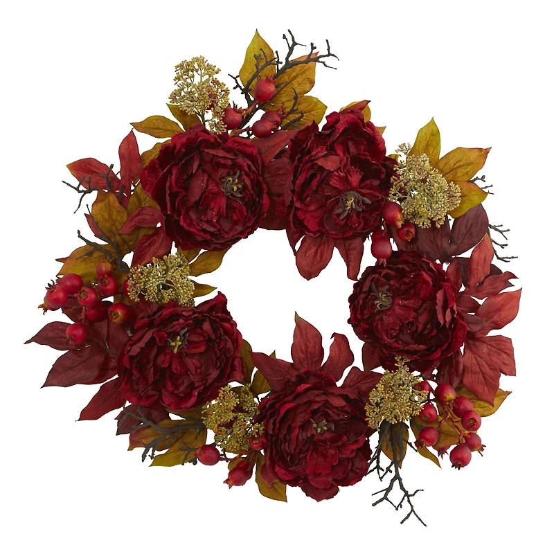 24" Dark Red Peony & Sedum Wreath