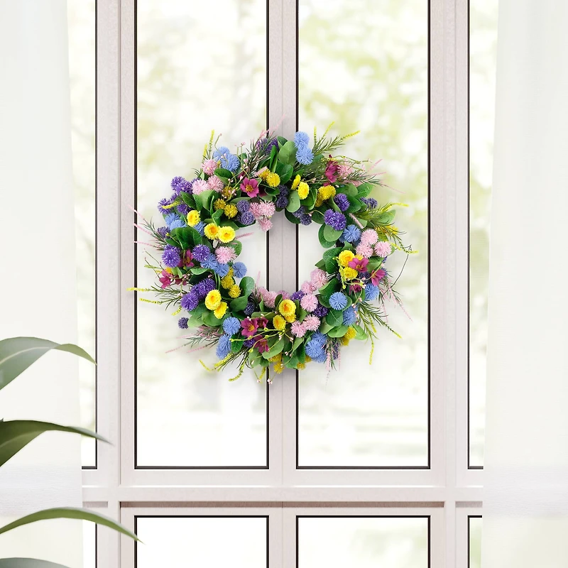 24" Pink, Blue & Yellow Spring Echinops & Chrysanthemum Floral Wreath