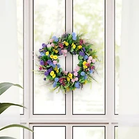 24" Pink, Blue & Yellow Spring Echinops & Chrysanthemum Floral Wreath