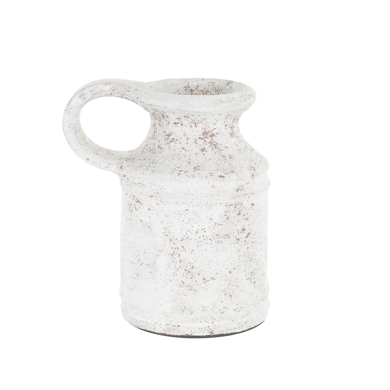 10" White Ceramic Antique Style Textured Vase with Terracotta Accents and Ring Handle