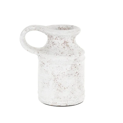 10" White Ceramic Antique Style Textured Vase with Terracotta Accents and Ring Handle