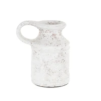 10" White Ceramic Antique Style Textured Vase with Terracotta Accents and Ring Handle