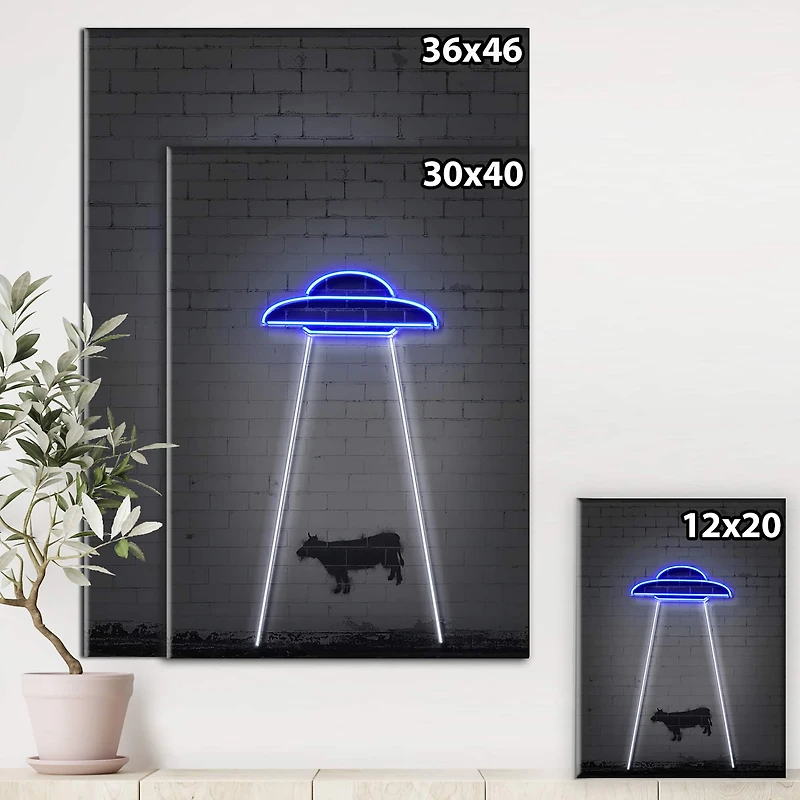 Designart - Neon UFO Abducting Cow