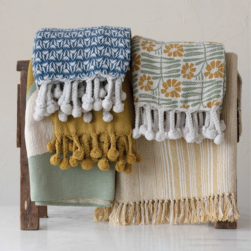 Hello Honey® Blue & Cream Printed Cotton Throw Blanket with Braided Pom Pom Tassels