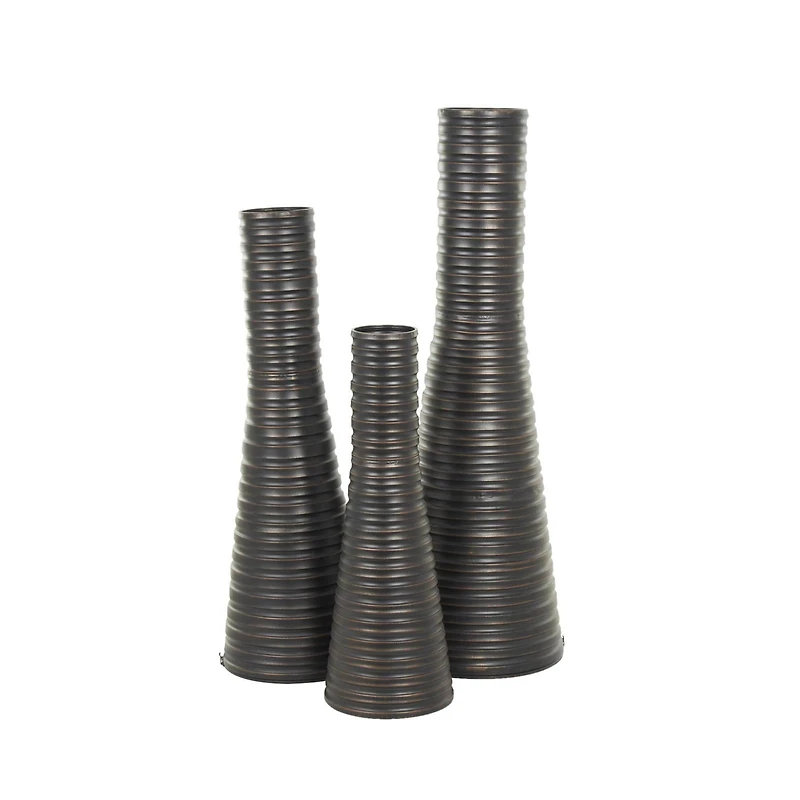 Bronze Ribbed Tall Cone Floor Vase with Horizontal Grooves Set