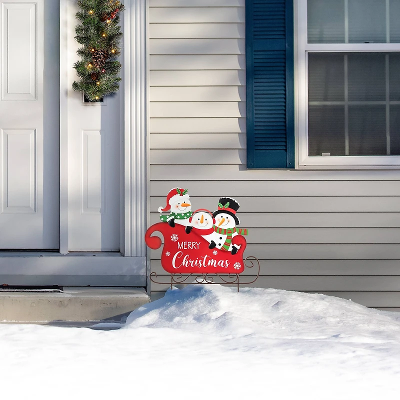 Glitzhome® 24" Metal Snowmen Riding Sleigh Yard Stake