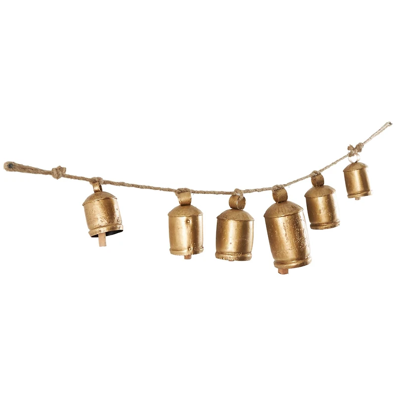 Gold Metal Tibetan Inspired String Hanging Decorative Cow Bells with Jute Hanging Rope