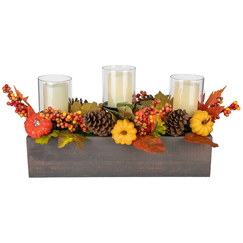 27" Pumpkin, Berry & Pinecone Fall Harvest Triple Pillar Candle Holder