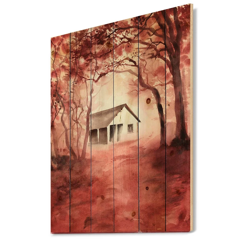 Designart - House In Red Autumn Woods - Cabin & Lodge Print on Natural Pine Wood