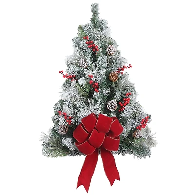 28" Pre-Lit Berry & Pinecone Flocked Artificial Wall Christmas Tree, Warm White LED Lights