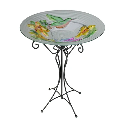 22.5" Hand Painted Glass Vibrant Hummingbird & Flowers Outdoor Garden Bird Bath