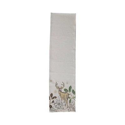 Hello Honey® 72" Green & Natural Cotton & Linen Printed Table Runner with Flora & Fauna Pattern and Metallic Gold Thread Embroidery